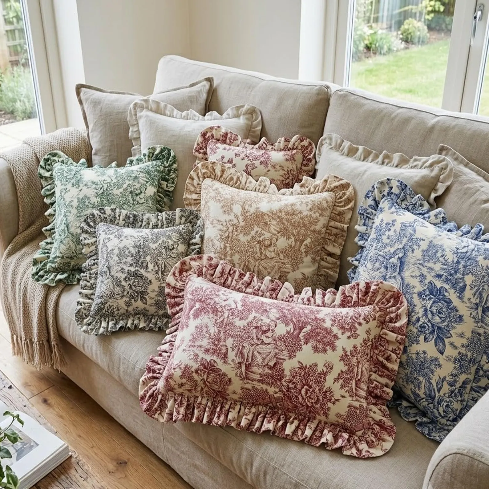 Toile de Jouy Ruffle Pillow Cover — Blue, Red, Green & More