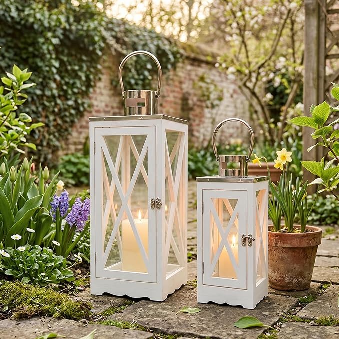 TRIROCKS Farmhouse White Wood Candle Lanterns with Tempered Glass (Set of 2, 24.5" & 17.5")