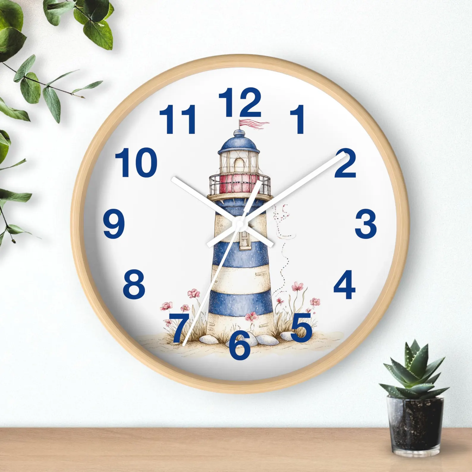 Lighthouse Wall Clock — Navy Watercolor Nautical Clock in Natural Wood Frame