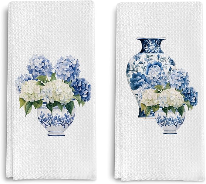 Blue Hydrangea & Ginger Jar Waffle Kitchen Towels — Set of 2