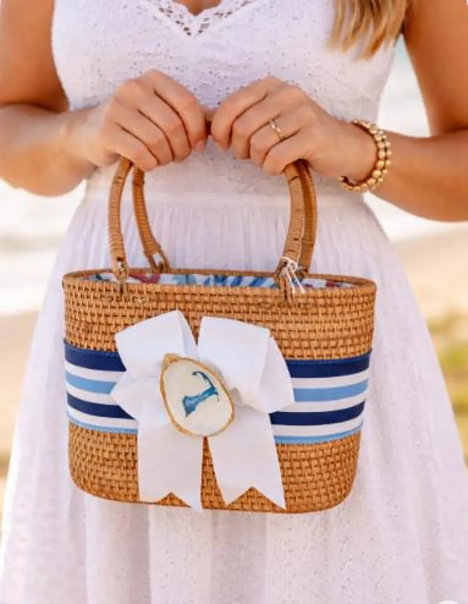 Cape Cod Nantucket Style Rattan Handbag with Striped Ribbon & Oyster Shell
