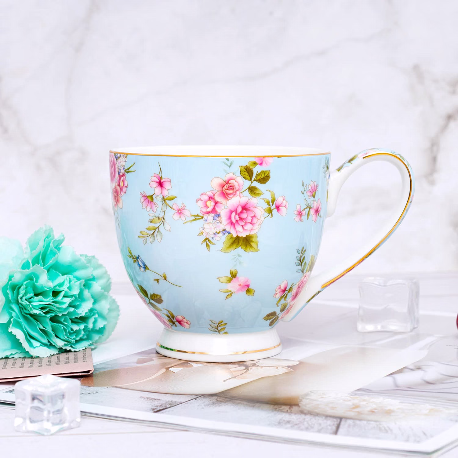 YUESITE Bone China Floral Coffee Mugs, 16 oz