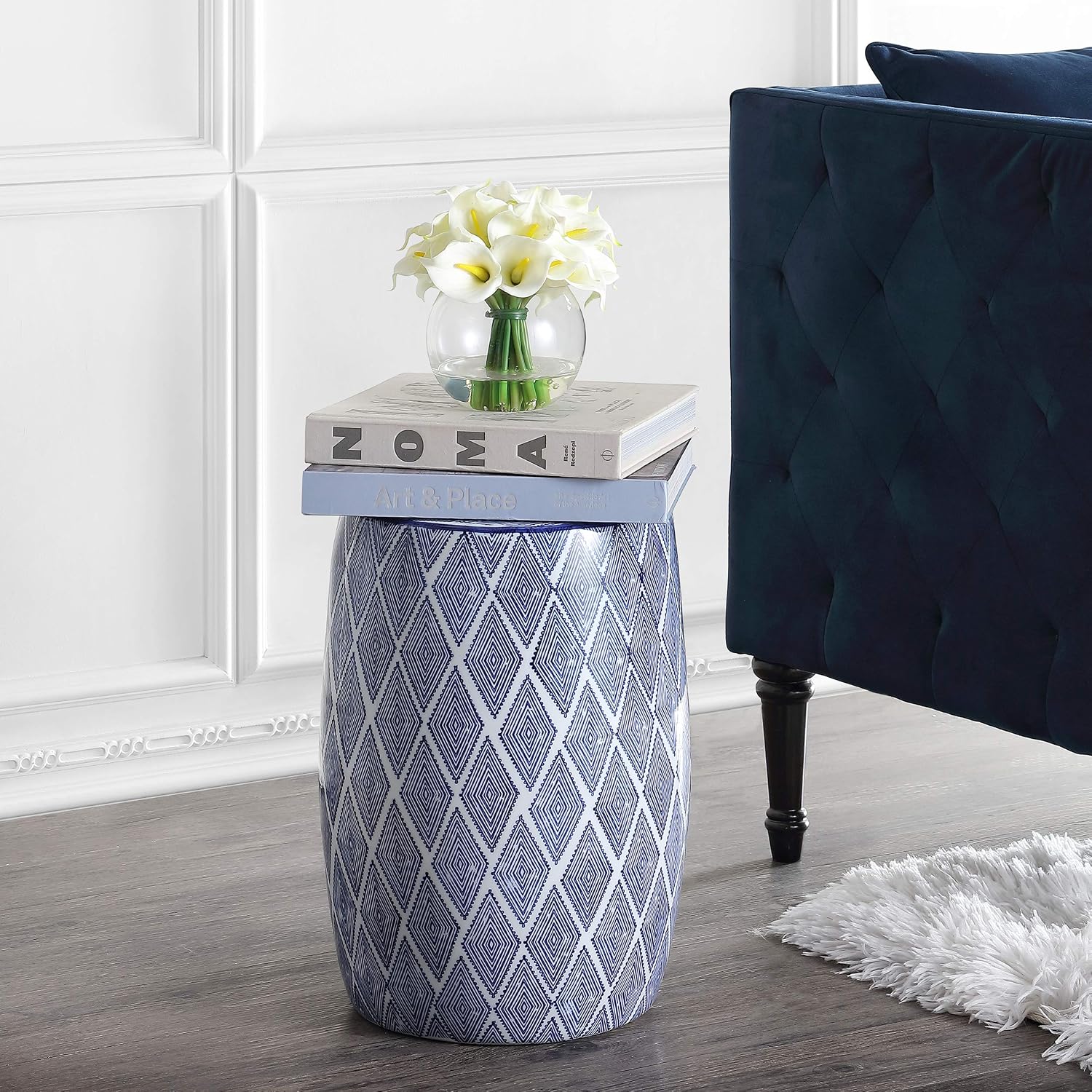 JONATHAN Y Moroccan Diamonds 18" Ceramic Garden Stool (Blue/White)