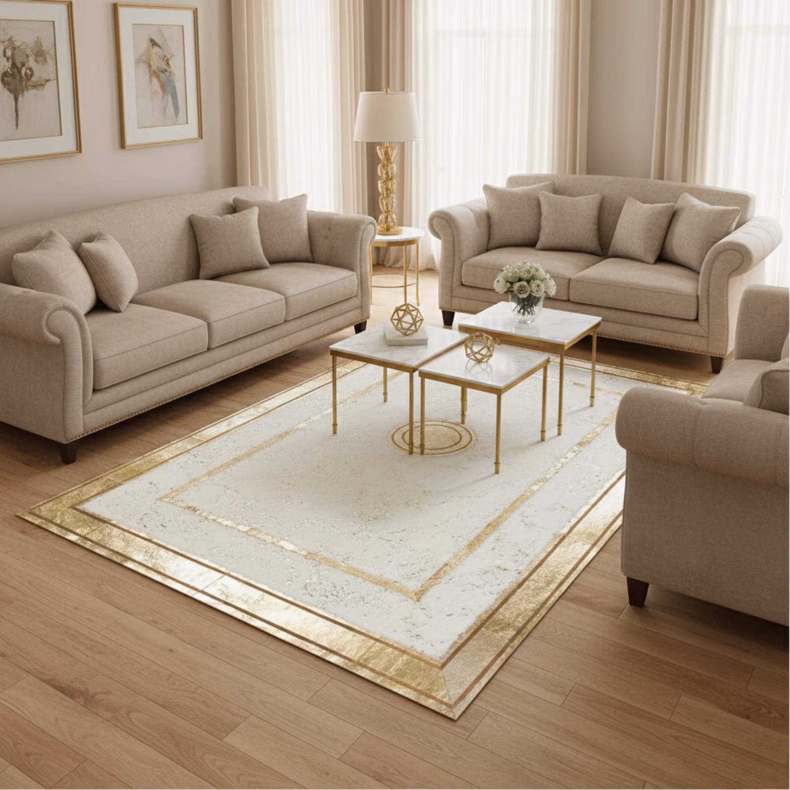 White & Gold Luxury Plush Bordered Area Rug