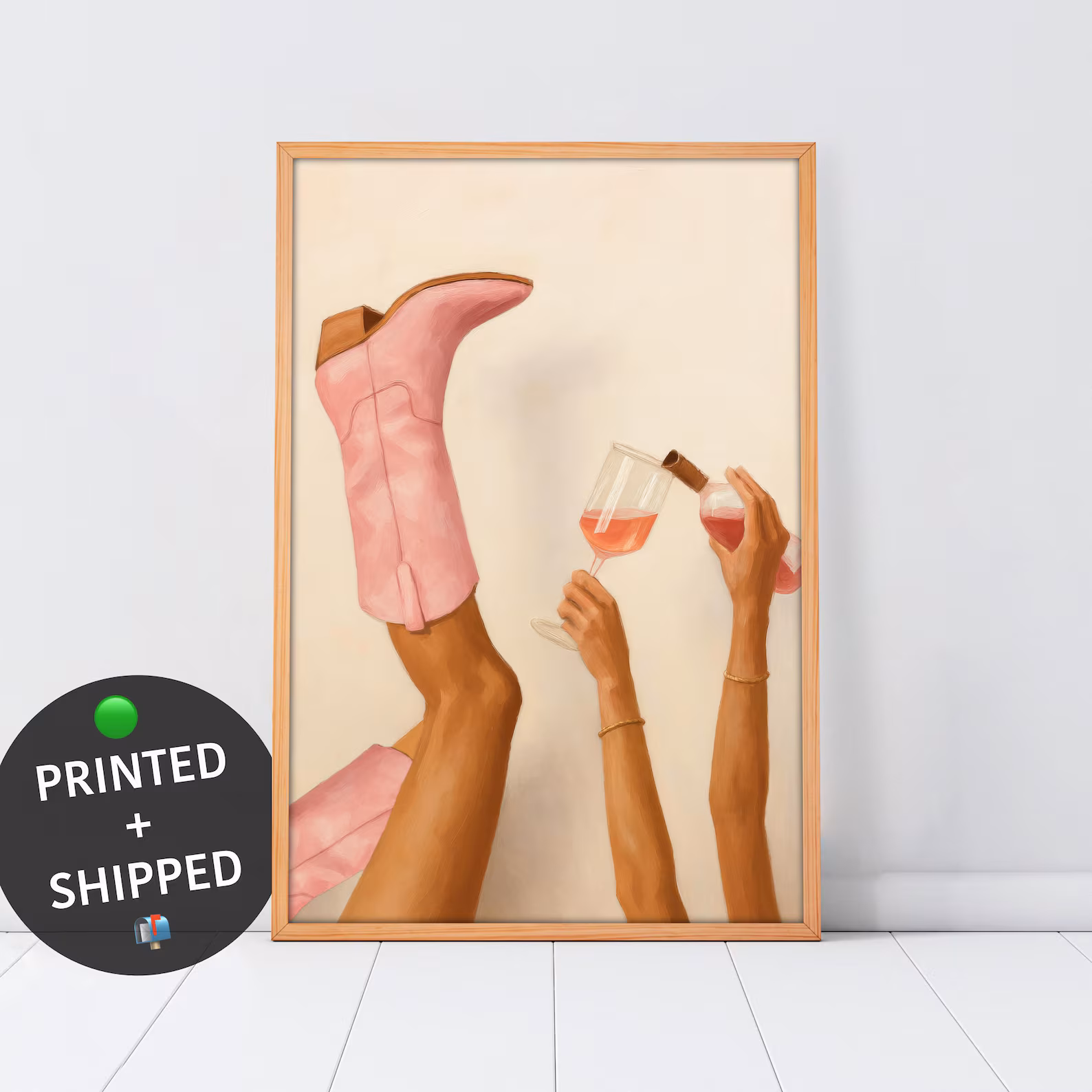 Pink Cowgirl Boots & Rosé Wine Wall Art — Retro Girls'-Night Print