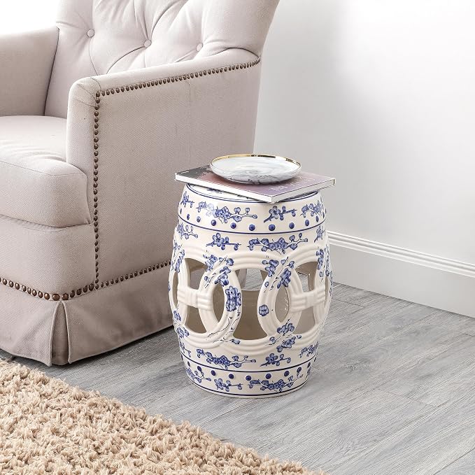Blue & White Pierced Chinoiserie Garden Stool Side Tables (Pair)