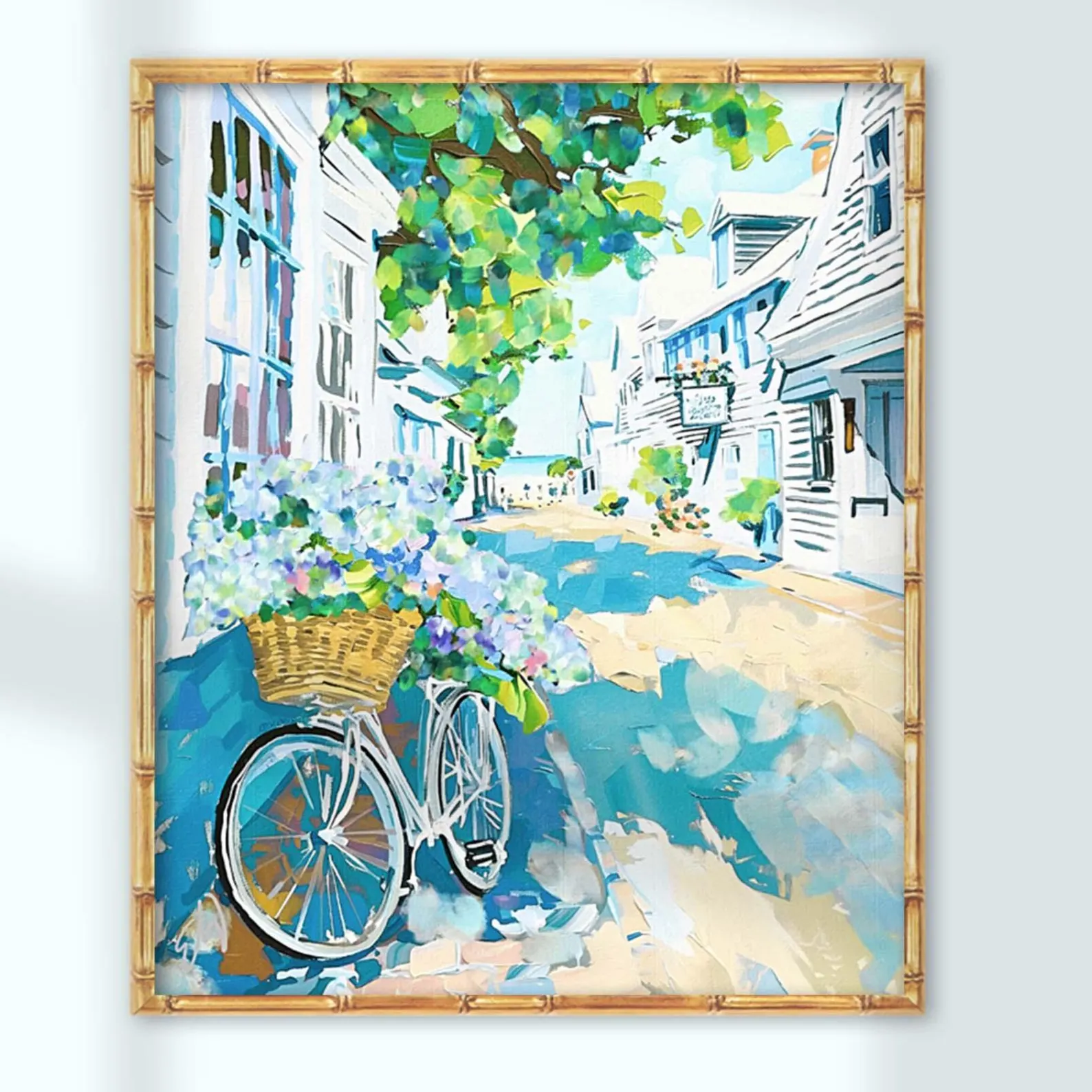 Nantucket Coastal Print — White Bicycle & Hydrangea Basket on a Cobblestone Street