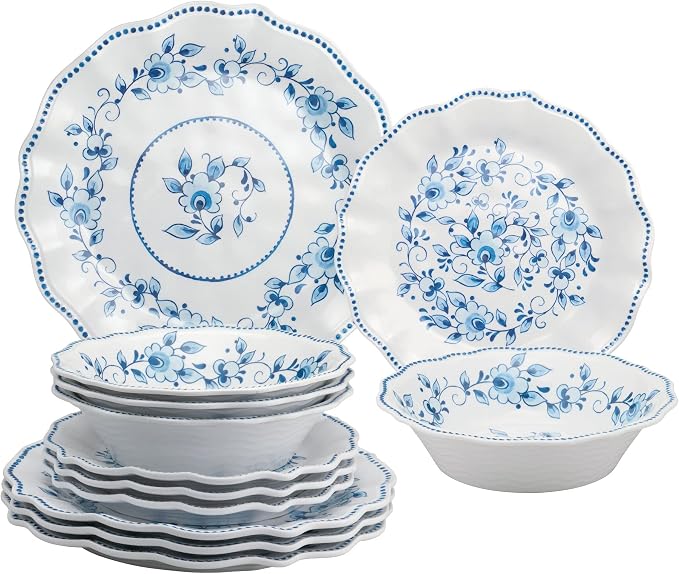 UPware 12-Piece Blue & White Floral Melamine Dinnerware Set (Service for 4)