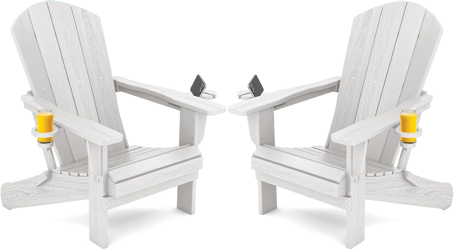 SERWALL White Adirondack Chairs with Cup Holders — All-Weather HDPE (Set of 2)