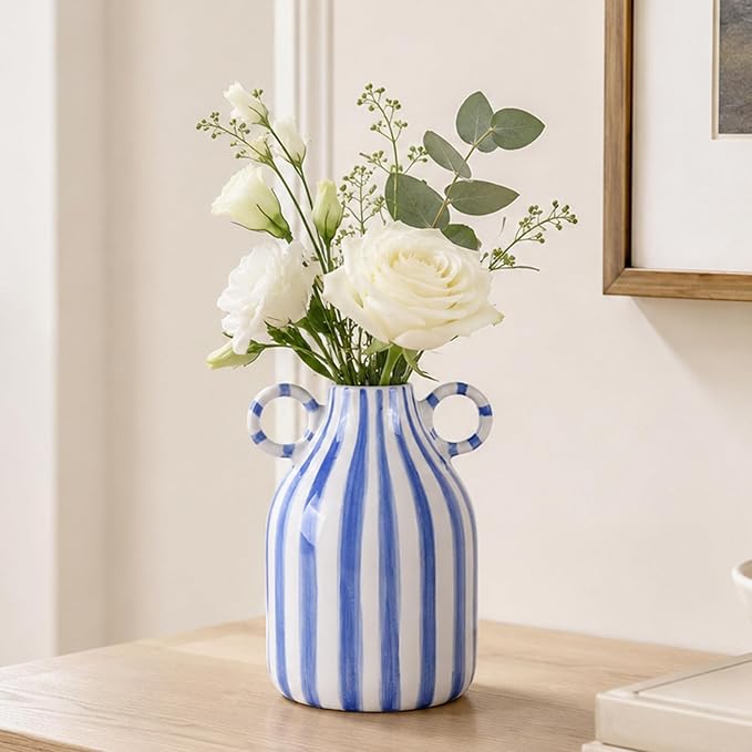 Blue & White Ceramic Handled Centerpiece Vase