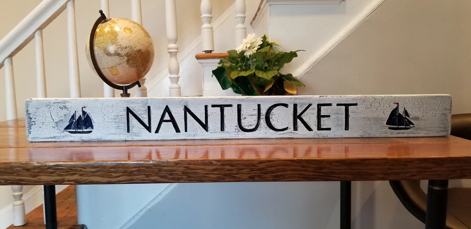 Hand-Carved NANTUCKET Wood Sign with Sailboats