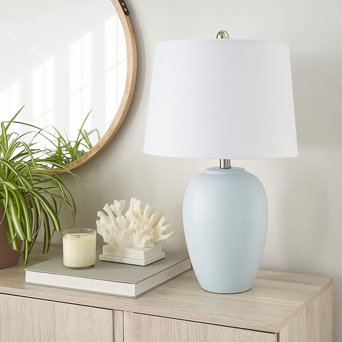Light Blue Ceramic Coastal Table Lamp with White Linen Shade