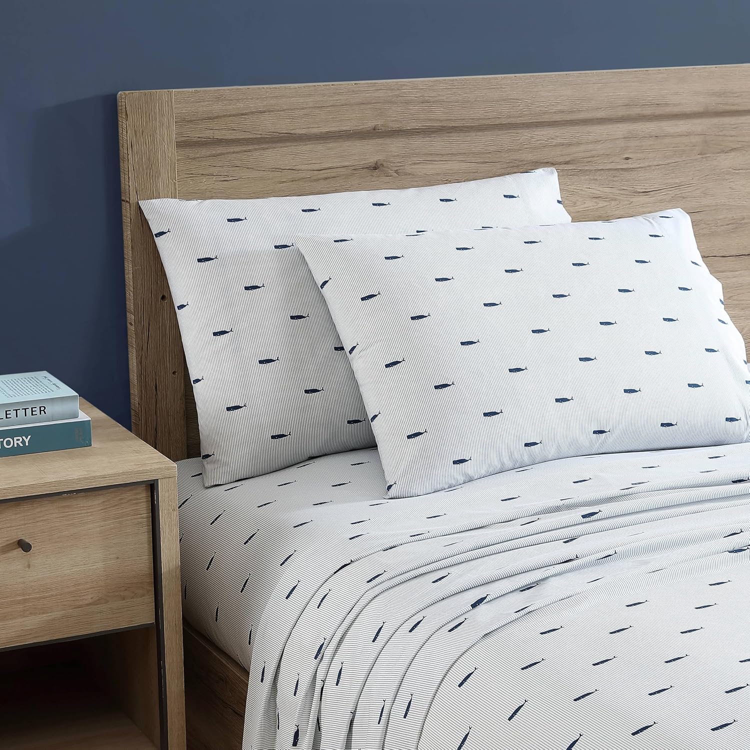 Nautica Whale Stripe Cotton Percale Sheet Set (Blue) — Twin