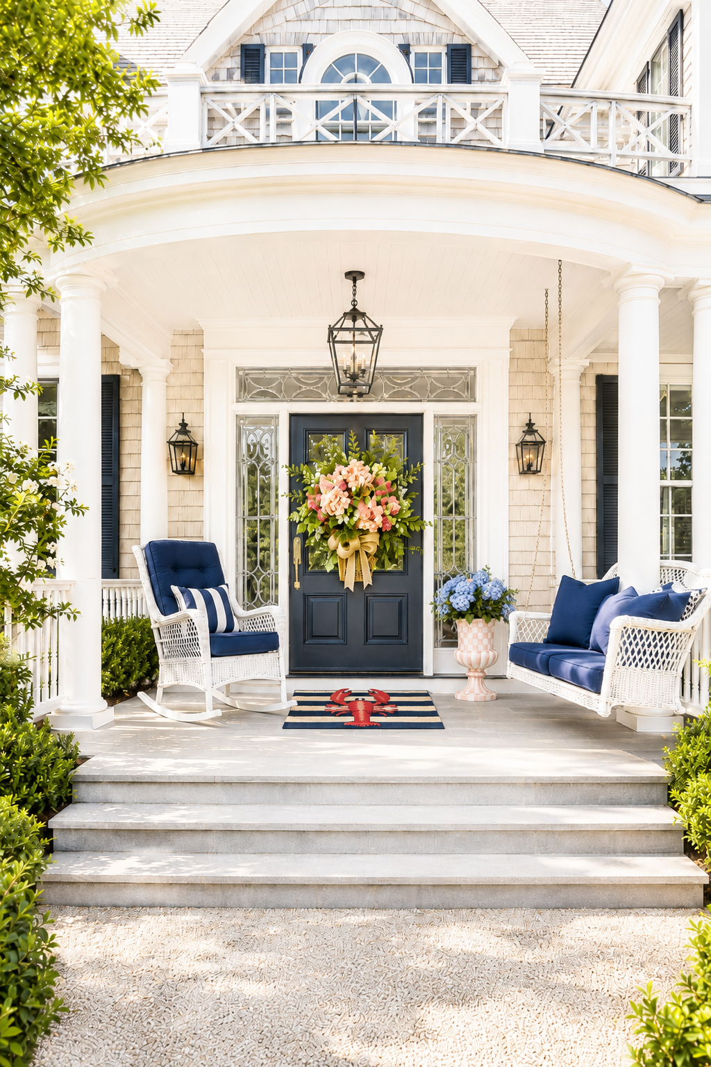 Cedar-shingled Nantucket house with a curved white columned front porch — white wicker rocking chair and three-seat wicker porch swing with navy cushions and cabana stripe lumbar pillows, a navy stripe and red lobster coir doormat on bluestone steps, a pink and purple hydrangea basket wreath on the navy front door, a rosy check pedestal urn of blue hydrangeas, aged zinc wall lanterns, and a large hanging foyer lantern.