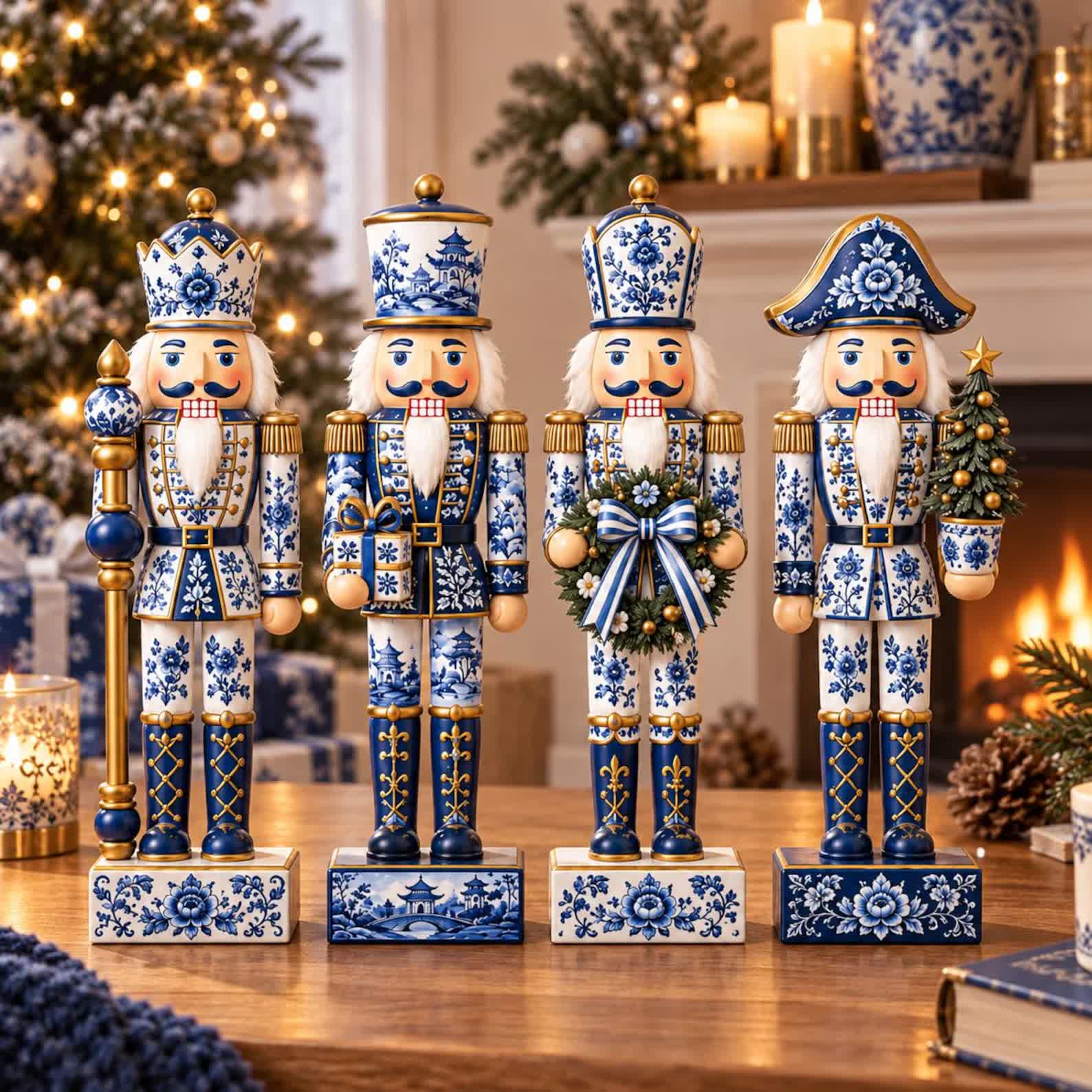 Blue & White Chinoiserie Nutcracker Wooden Block Set