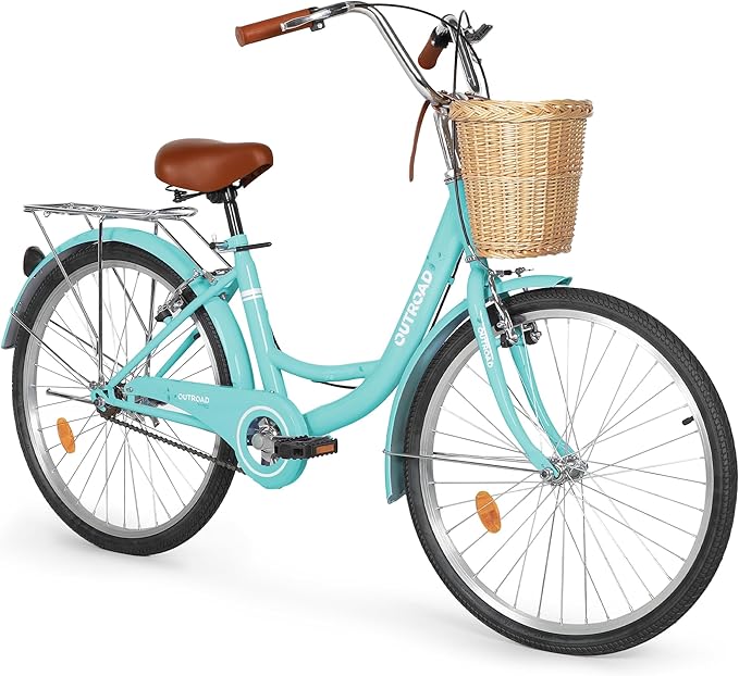 Outroad Beach Cruiser Bike with Rear Rack & Wicker Basket (24/26")