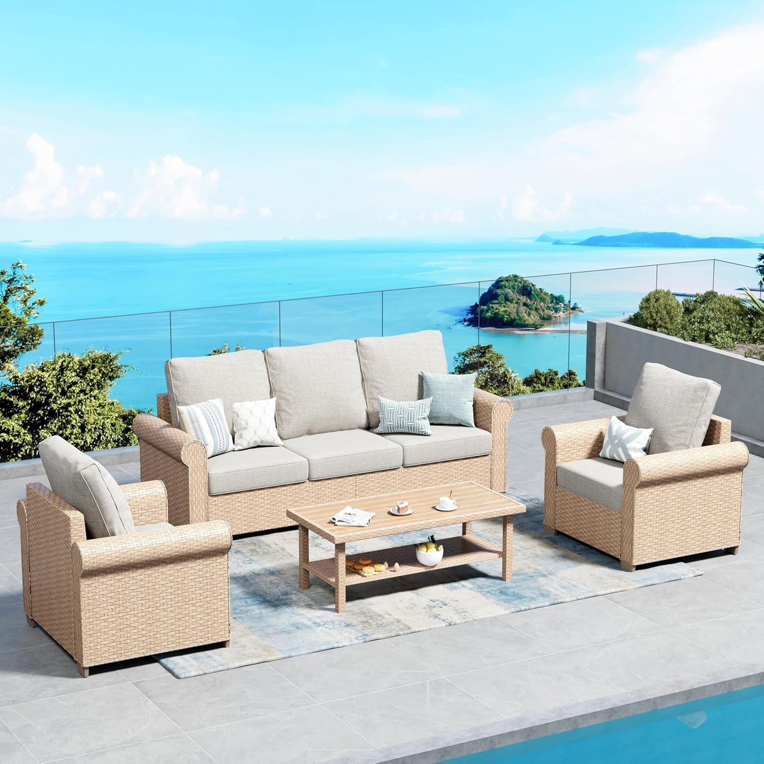 4-Piece Beige Wicker Patio Conversation Set (5-Seat Sofa, 2 Chairs, Coffee Table)
