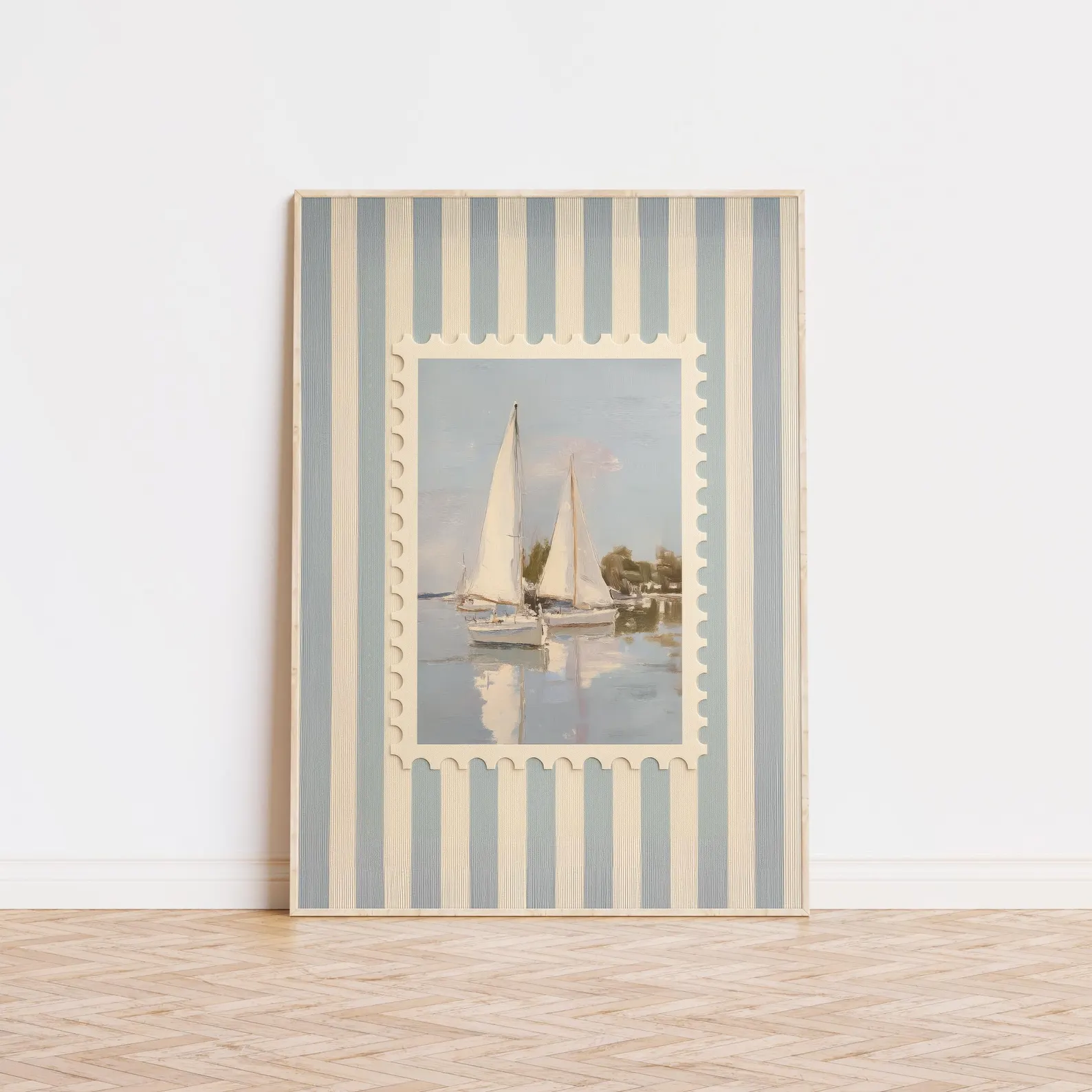 Sailing Striped Poster — Coastal Sailboat Art with Blue Ticking Border