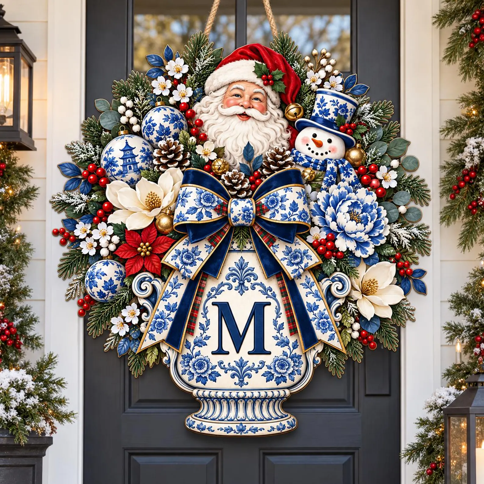 Blue Chinoiserie Christmas Door Hanger — Monogram Santa Wreath Sign
