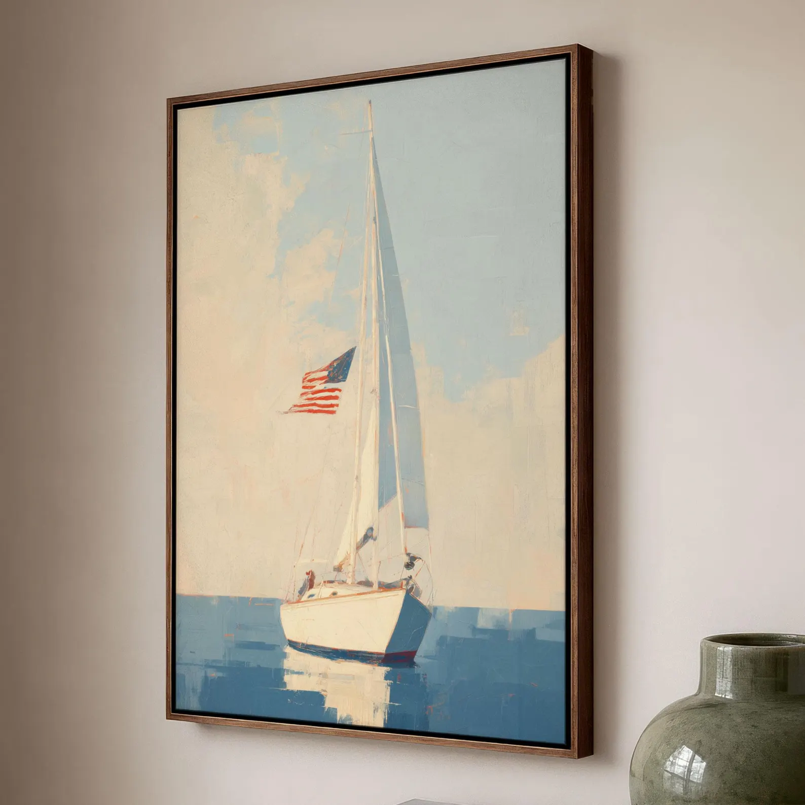 American Flag Sailboat Modern Oil Painting — Blue & Cream Framed Canvas
