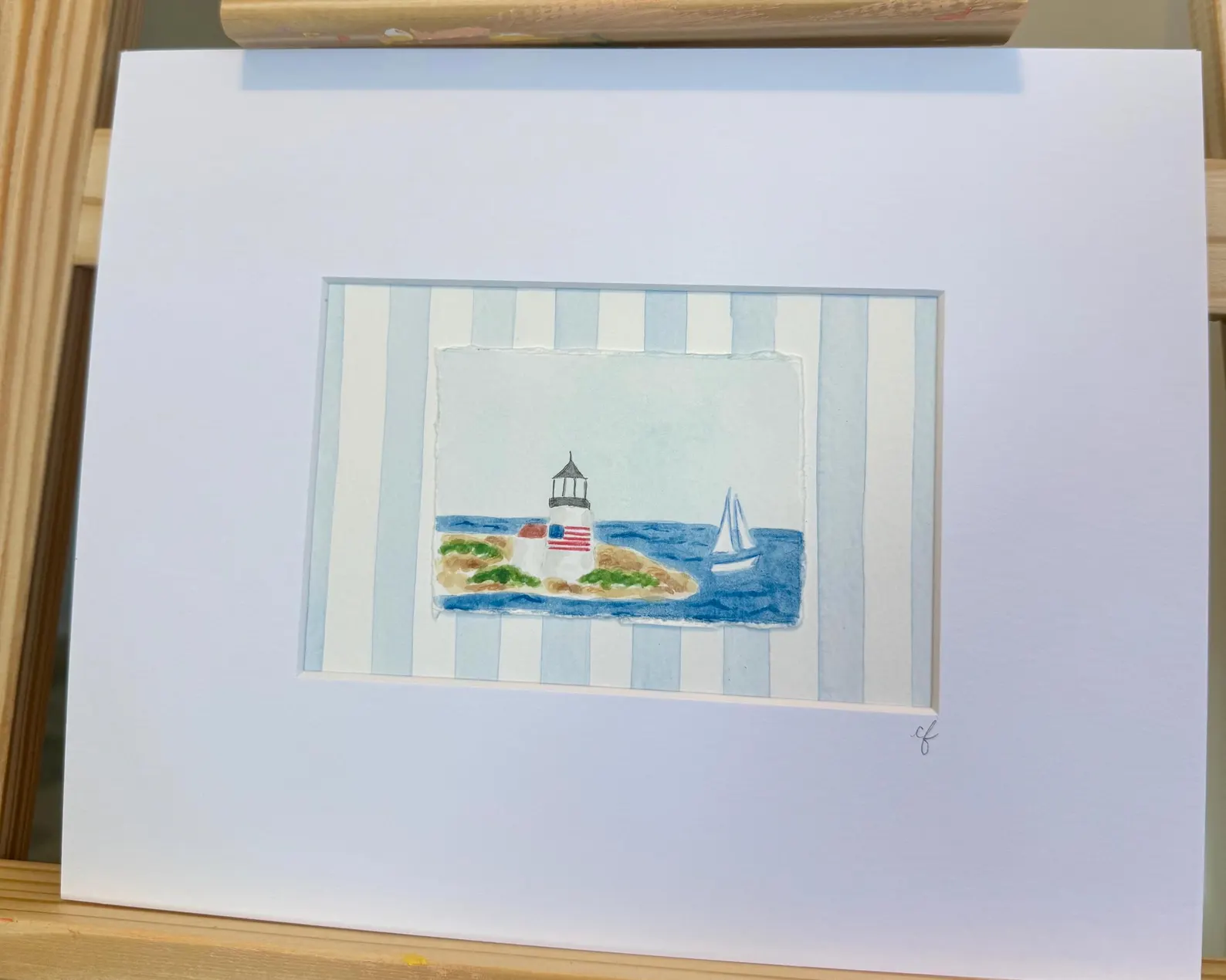 Nantucket Lighthouse Watercolor Painting — Sailboat & American Flag on Blue Stripe