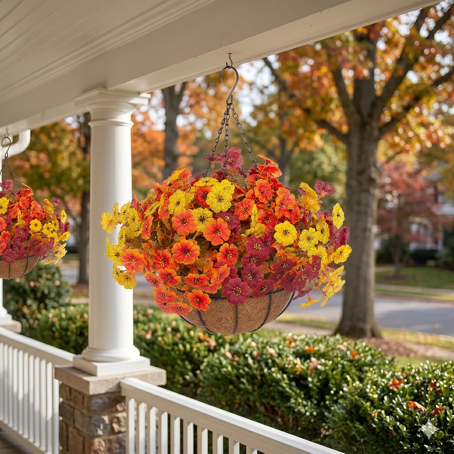 Hananona Artificial Fall Mums Hanging Baskets with Coco Liners (Set of 2)
