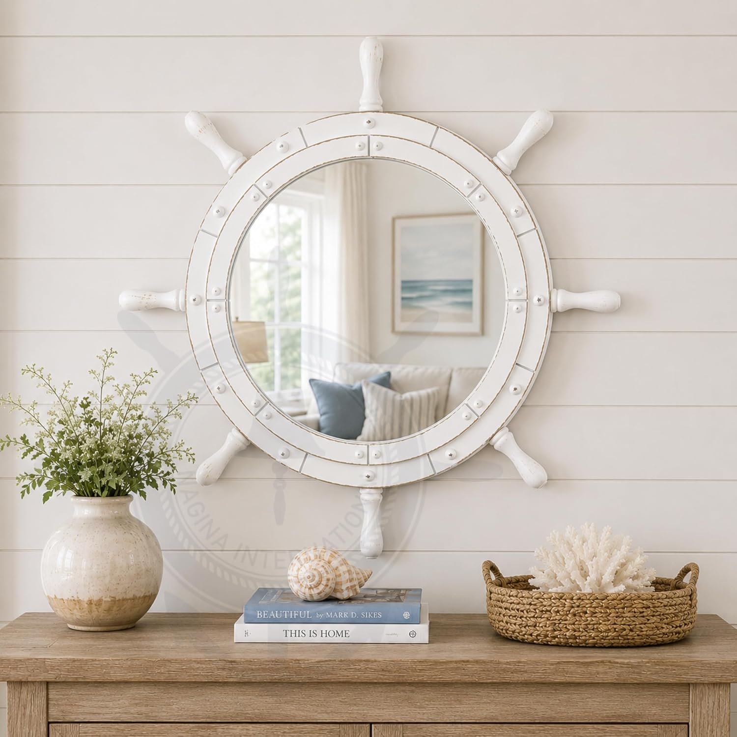 Nagina International 24" White Santorini Nautical Ship Wheel Wall Mirror