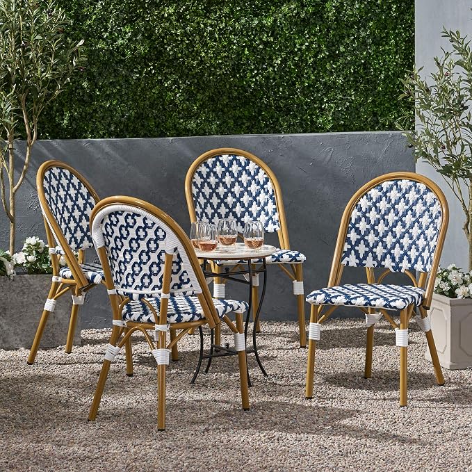 Navy & White French Bistro Chairs — Woven Rattan (Set of 4)