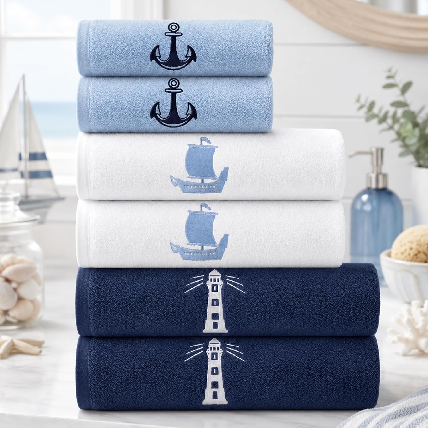 Peryiter Embroidered Nautical Cotton Hand Towels, Set of 6 — Anchor, Sailboat & Lighthouse