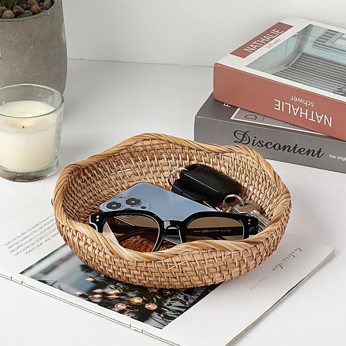 Hipiwe Natural Rattan 8.5" Key Tray Bowl for the Entry Table