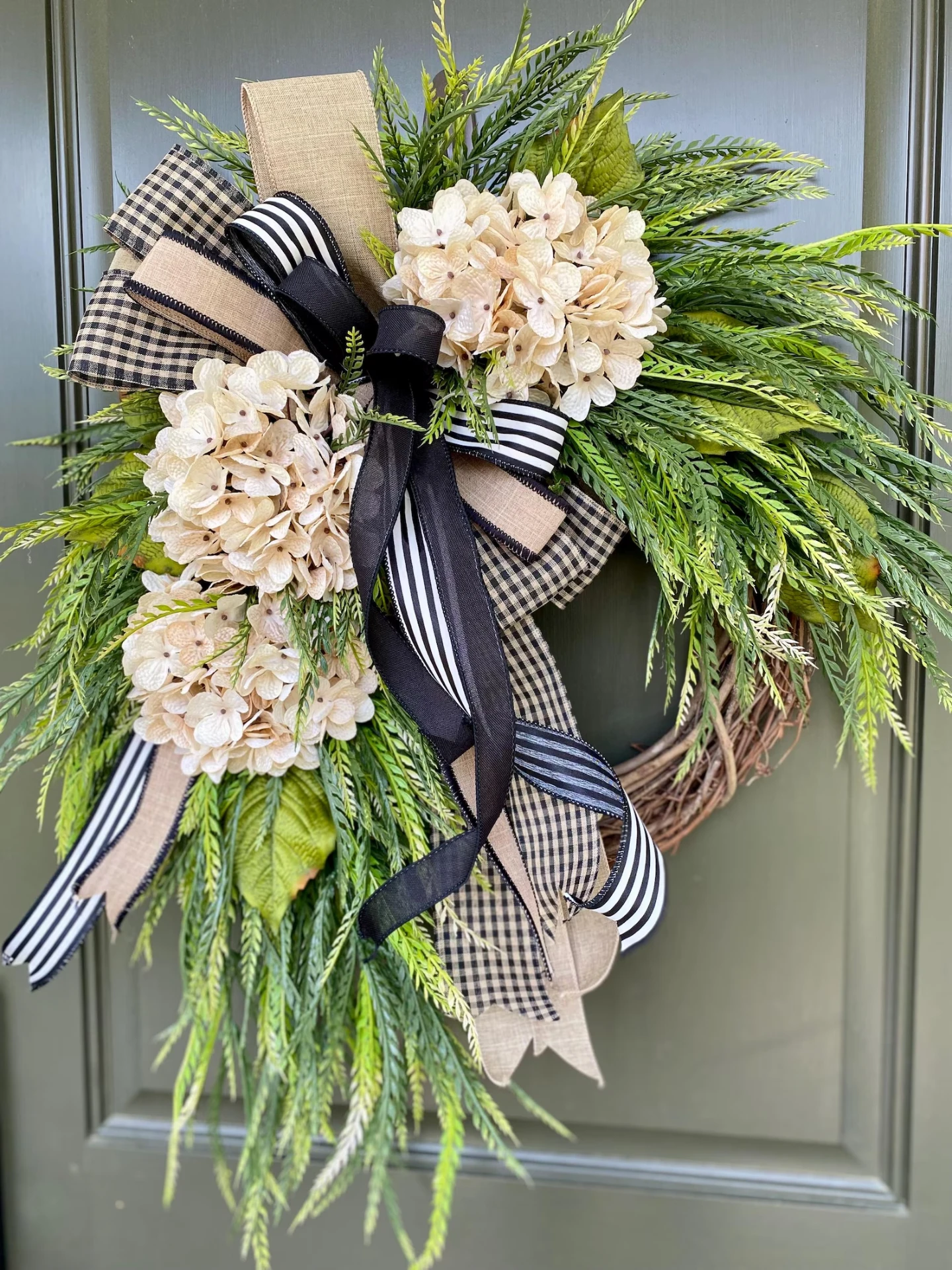 Cascading Cream Hydrangea Year-Round Grapevine Wreath — Black Buffalo Check & Stripe Bow