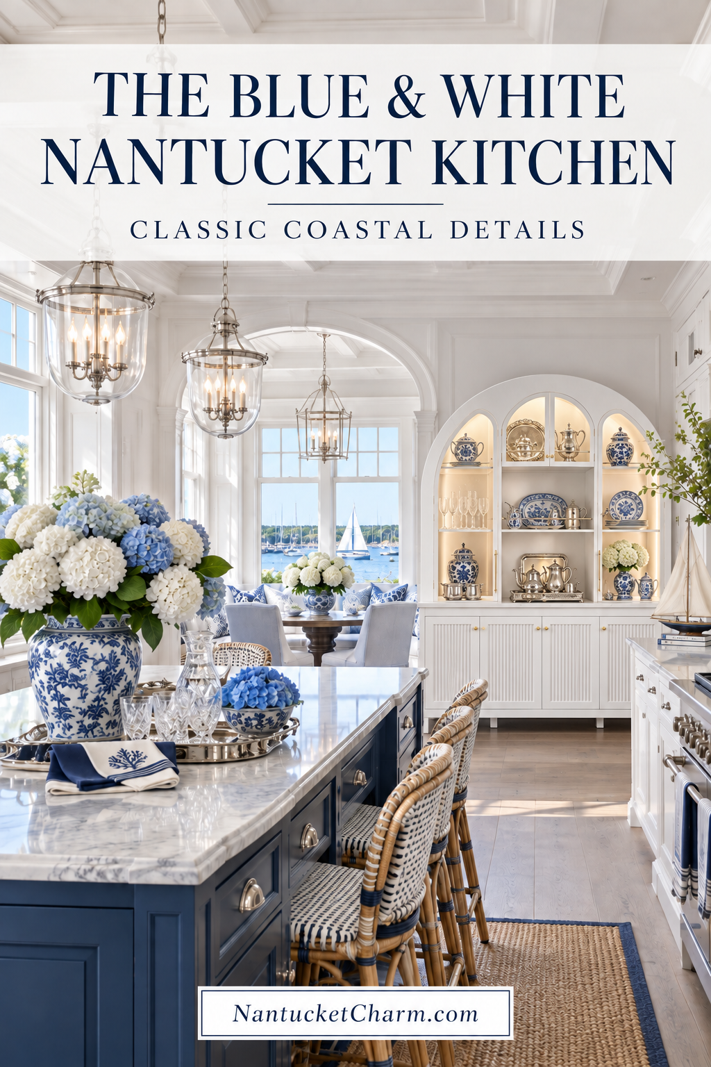 Blue and white Nantucket kitchen with navy island, white marble counters, glass lantern pendants, navy and white woven rattan bistro stools, chinoiserie jar of hydrangeas, lighted white arched hutch with blue and white porcelain, jute rug with navy border and harbor view with sailboat.