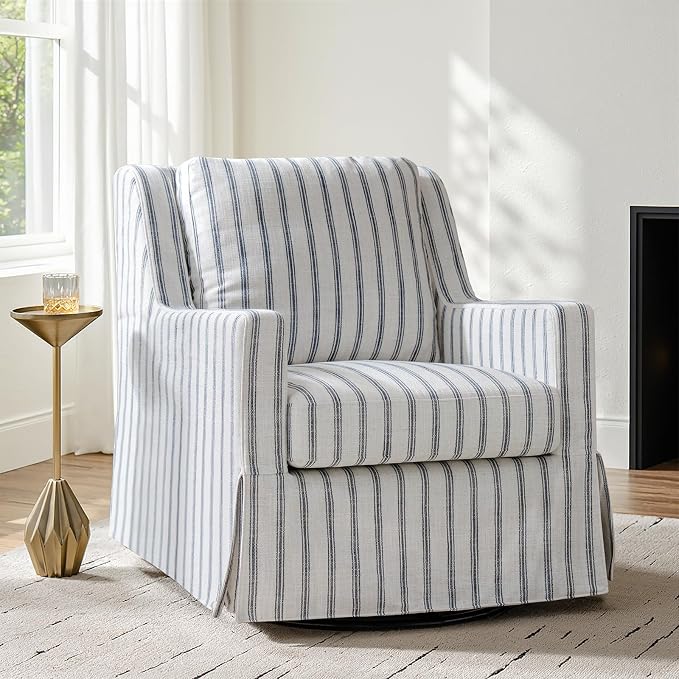 HULALA HOME Farmhouse Swivel Rocker Chair with Washable Slipcover — Navy Stripe