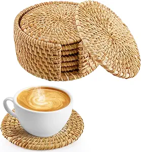 Handwoven Rattan Coasters with Holder — Set of 6