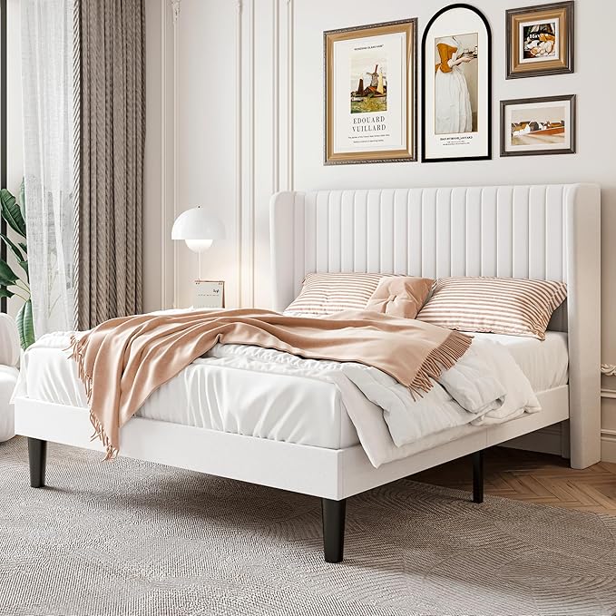 SHA CERLIN Channel-Tufted Wingback Platform Bed — White Velvet, Full