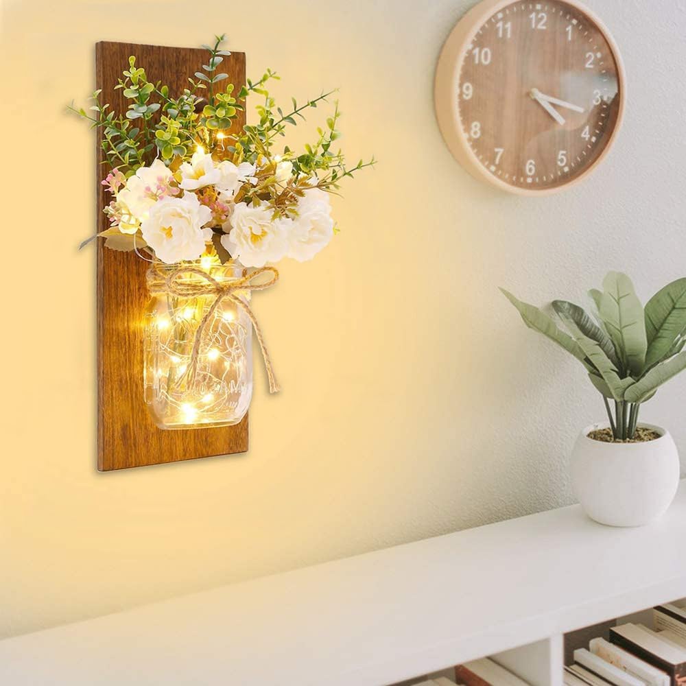 Rustic Mason Jar Wall Sconces with Fairy Lights (Set of 2)
