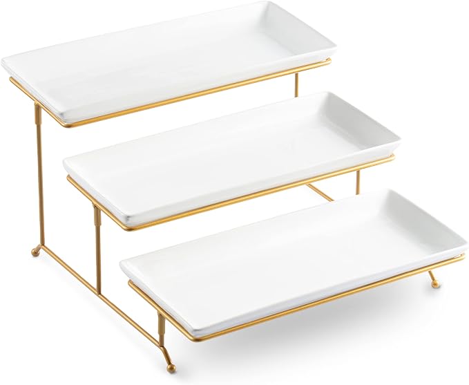LYEOBOH 3-Tier Serving Platter Stand — White Porcelain with Gold Collapsible Rack