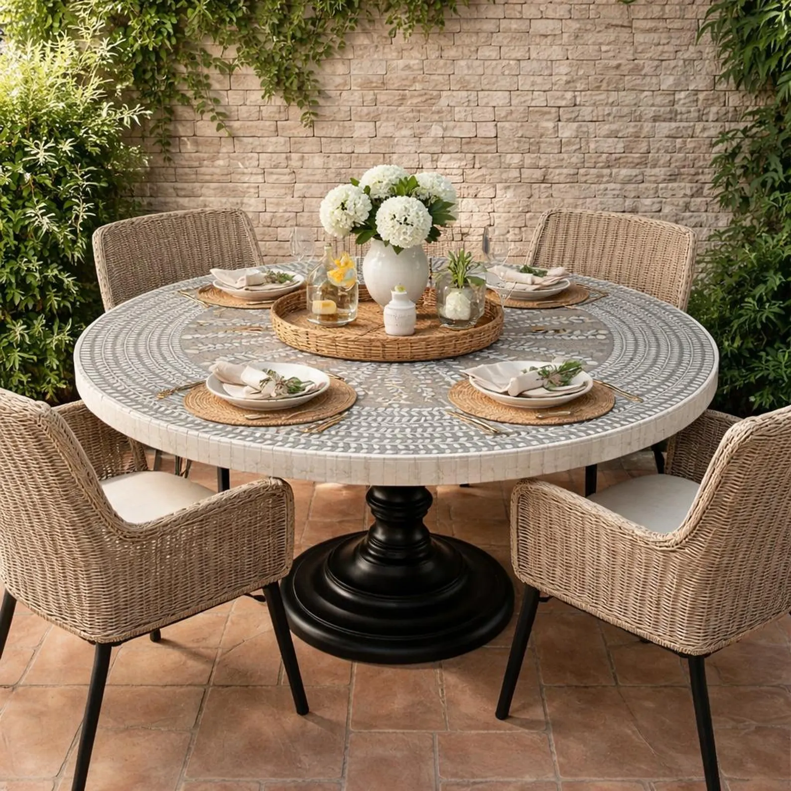 Handmade Bone Inlay Round Dining Table — Blue Floral