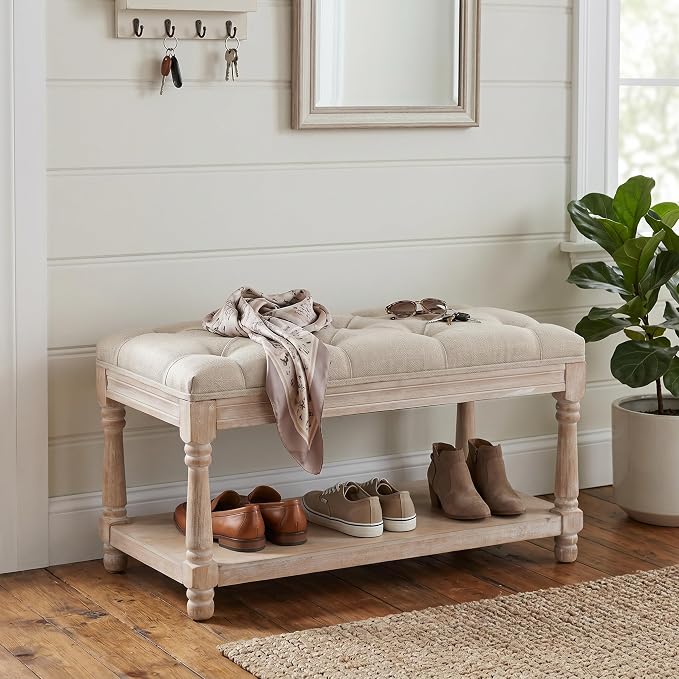 Kmax Tufted Linen Entryway Storage Bench with Bottom Shelf