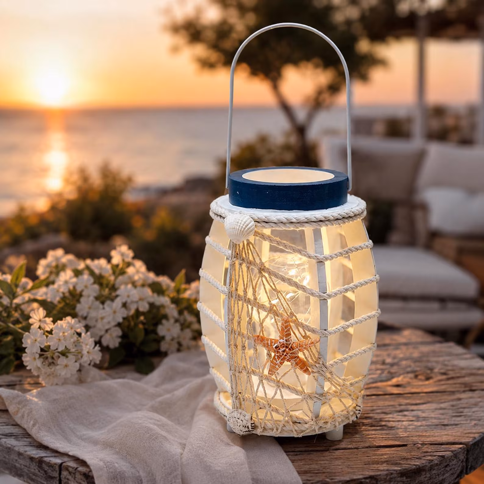 Coastal Nautical Rope Table Lantern — Starfish & Seashell Beach House Decor