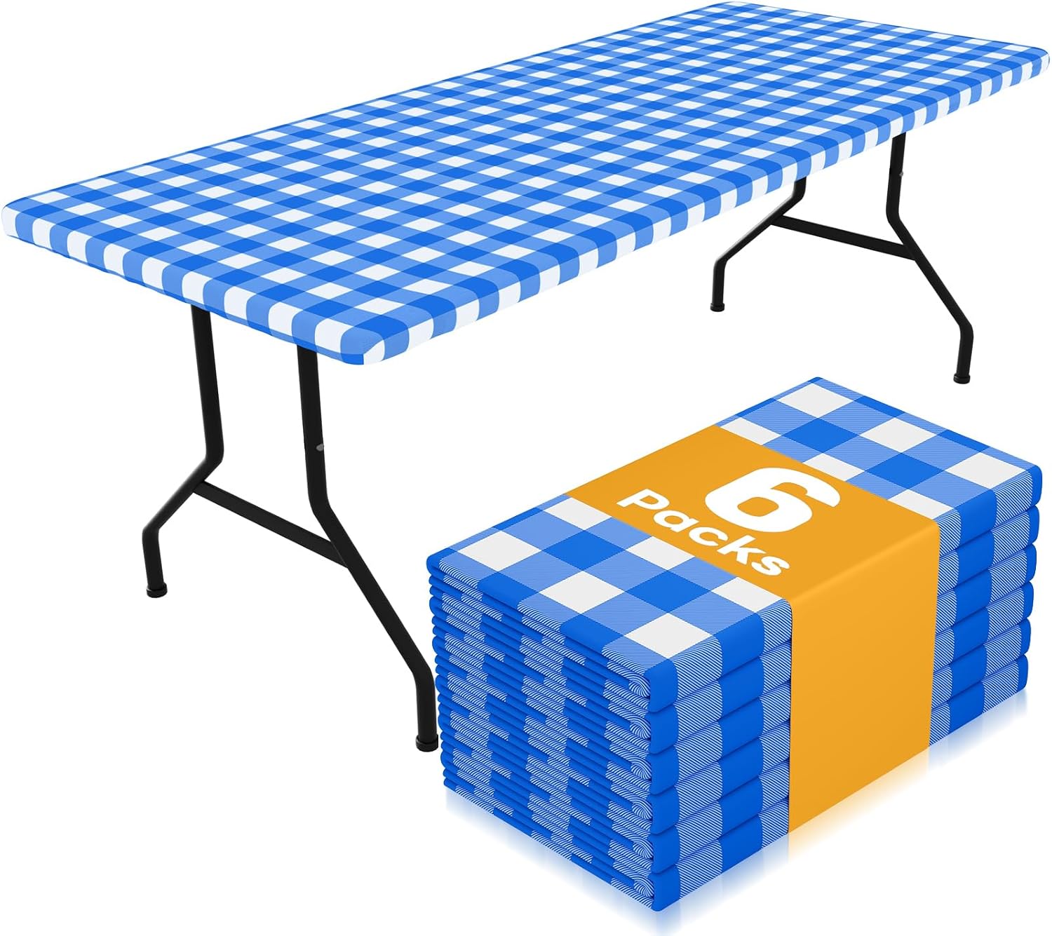 Smiry Fitted Waterproof Table Covers for 6' Folding Tables — Blue Check (6 Pack)