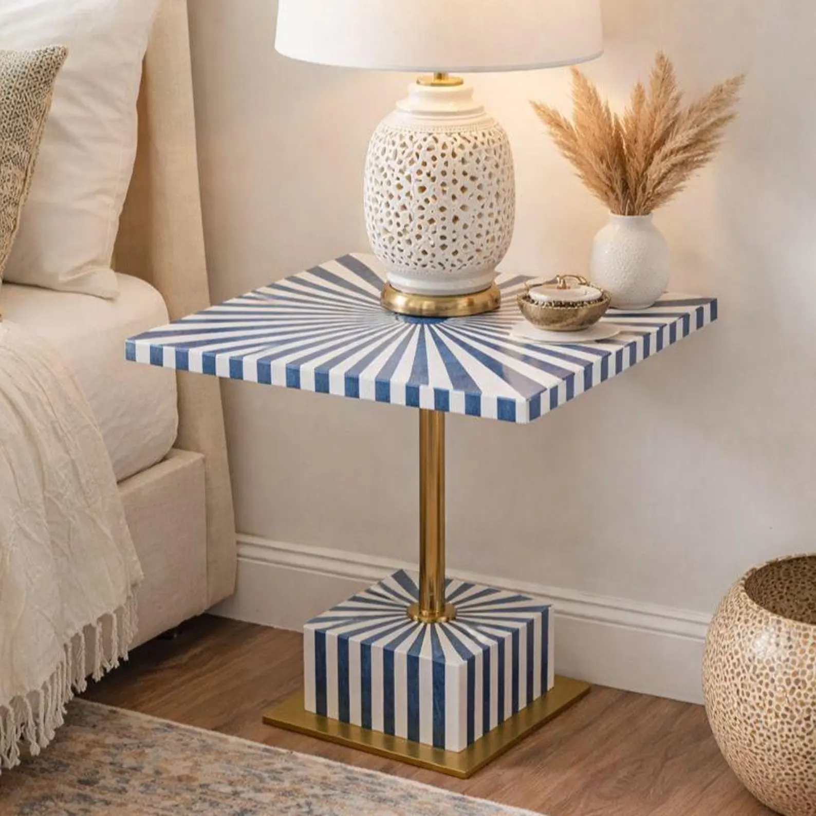 Handmade Blue & White Bone Inlay Square Side Table