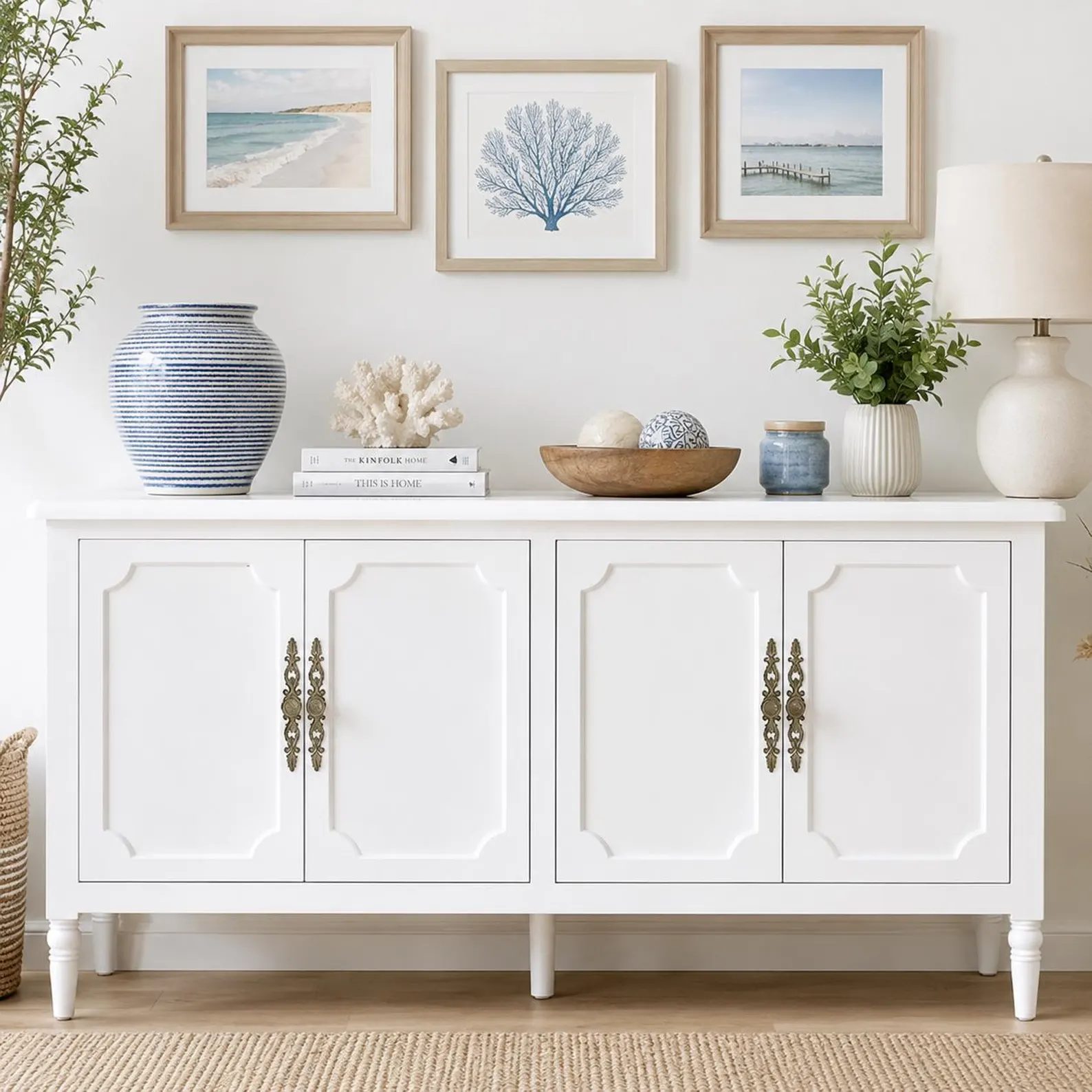 White Sideboard Buffet Cabinet — Coastal Farmhouse (4 Doors, Antique Brass)