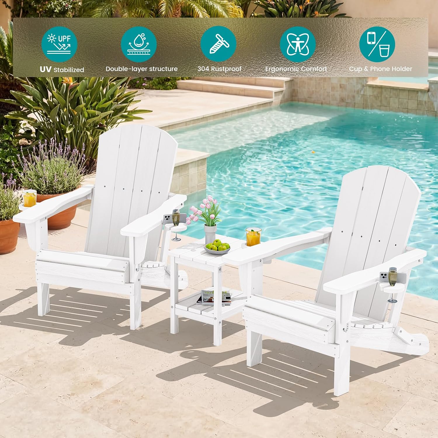 All-Weather White Adirondack Chairs with Side Table (3-Piece Porch Set)