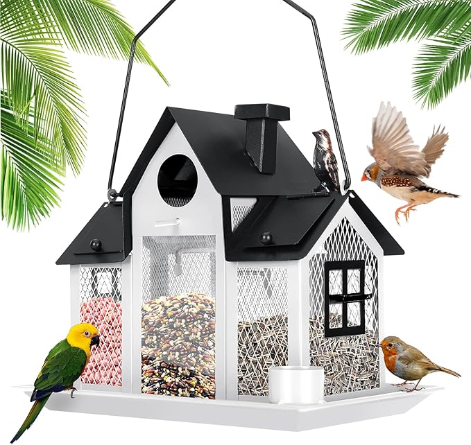 White Cottage House Metal Bird Feeder with Black Roof