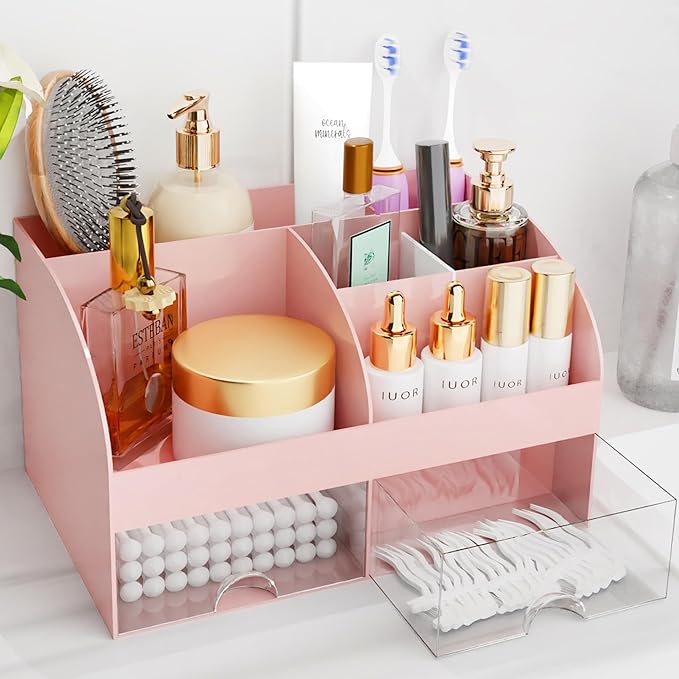 Pink Makeup Organizer with Drawers for Vanity & Countertop