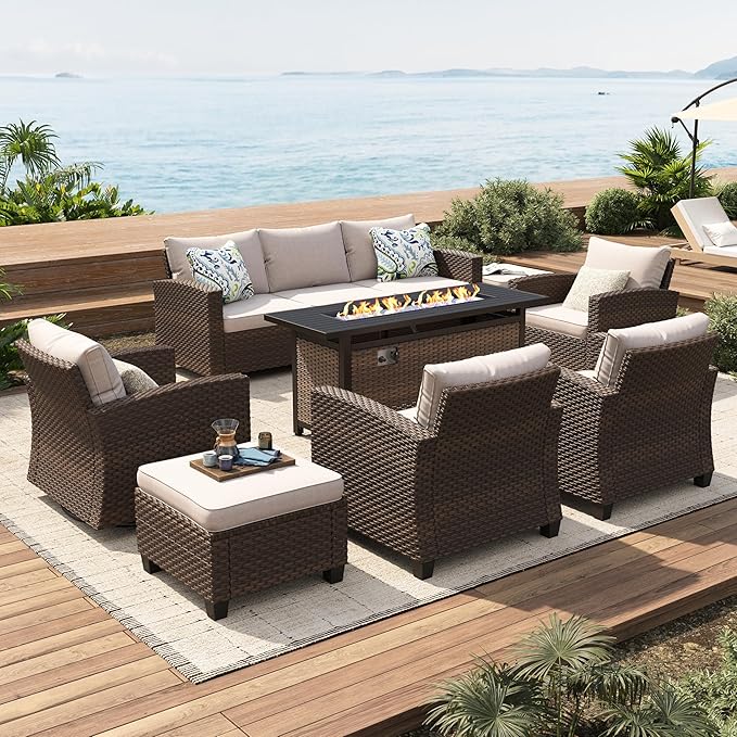 7-Piece Swivel Glider Patio Set with Rectangular Firepit Table (Brown Wicker, 9 Seats)