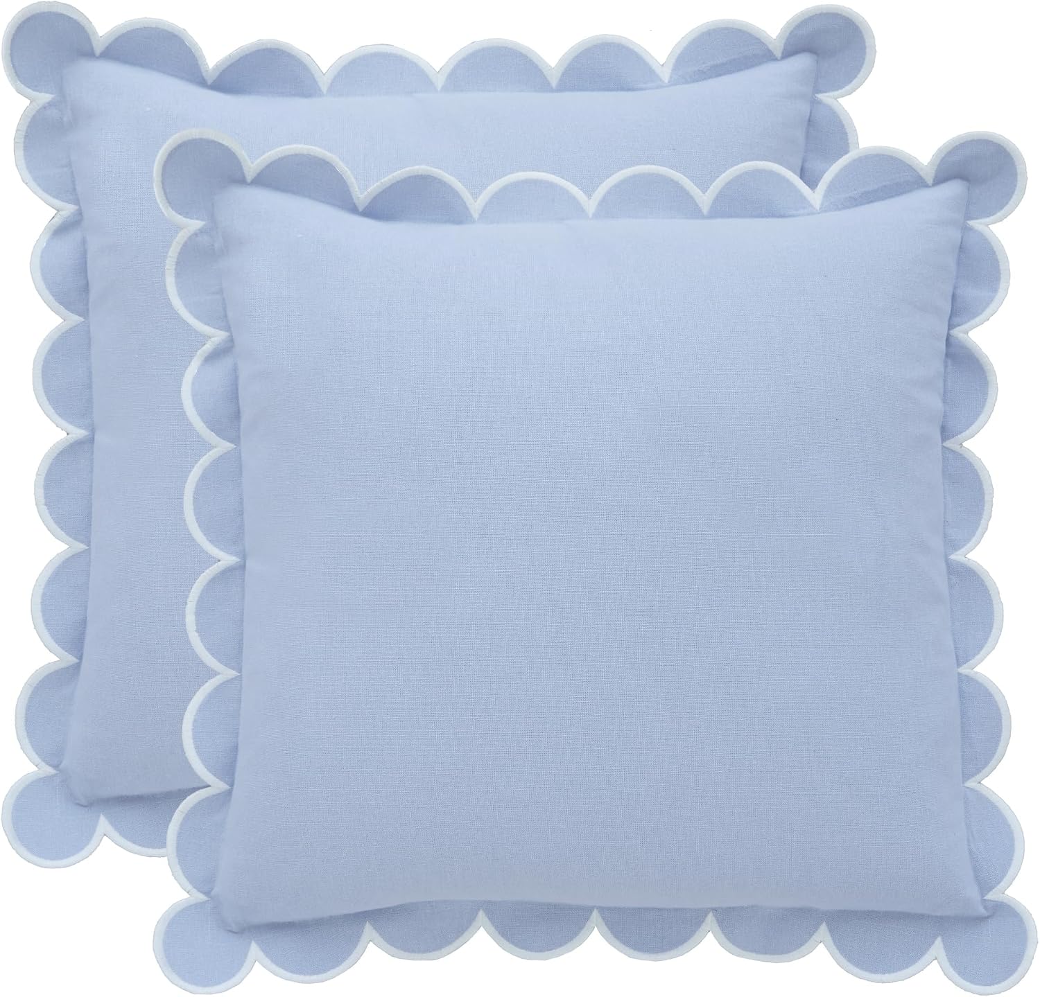 BEBE BASK Scalloped Cotton Pillow Covers 18x18, Sky Blue & White (Set of 2)