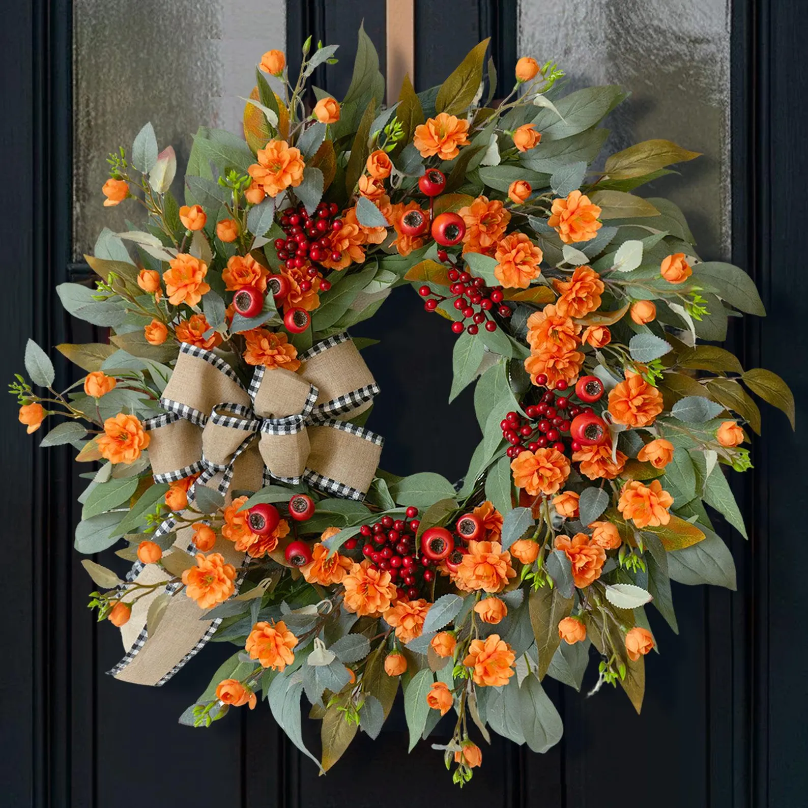 24" Artificial Fall Wreath — Orange Blooms, Red Berries & Buffalo Check Bow