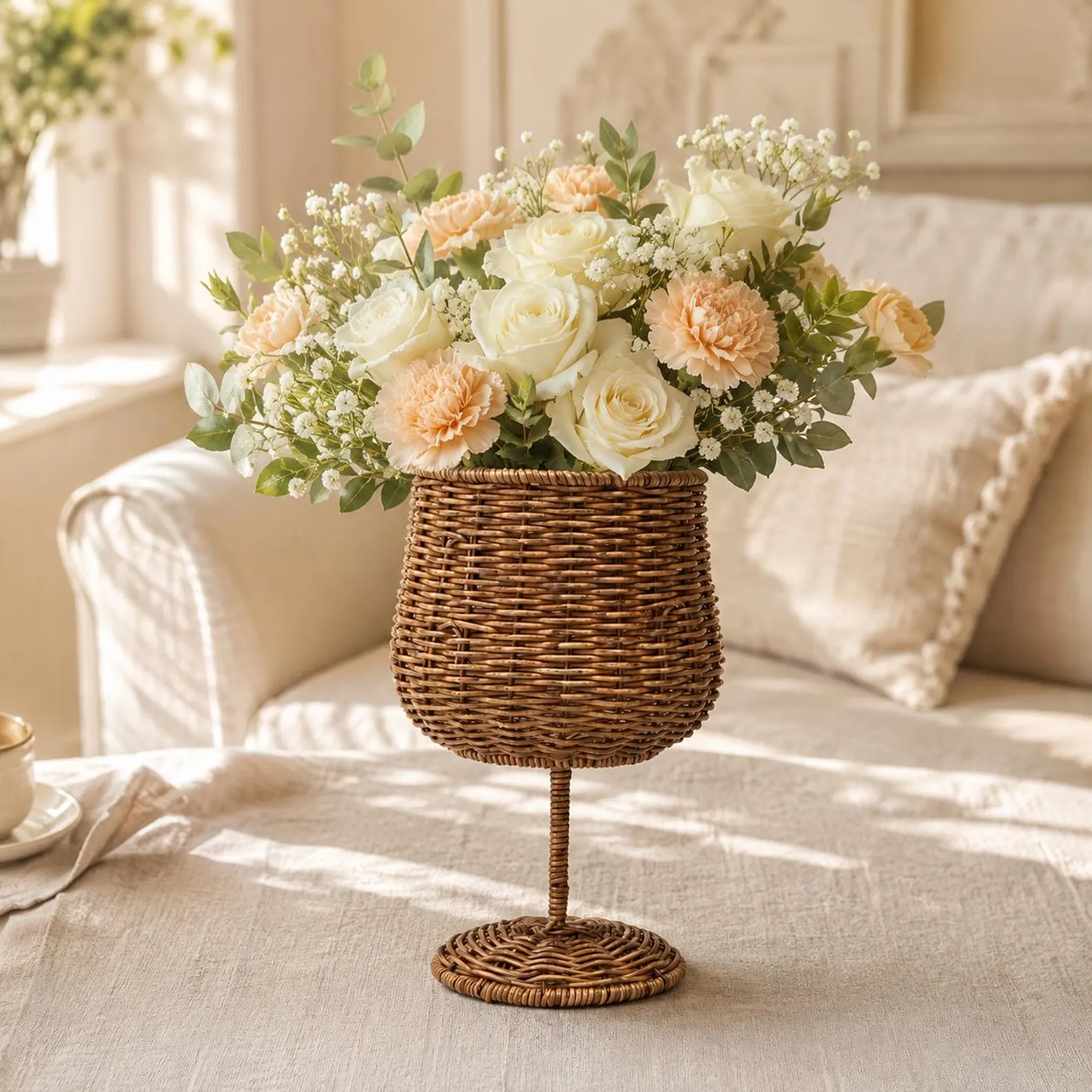 Rattan Pedestal Basket — Wicker Footed Flower Centerpiece